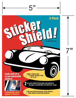 Graphic showing individual sticker shield pack with height of 7 inches and width of 5 inches.